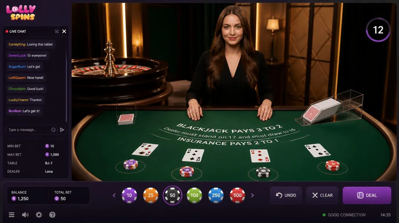 Krupier przy stole do blackjacka w oświetlonym studiu kasyna na żywo, z widocznym interfejsem transmisji